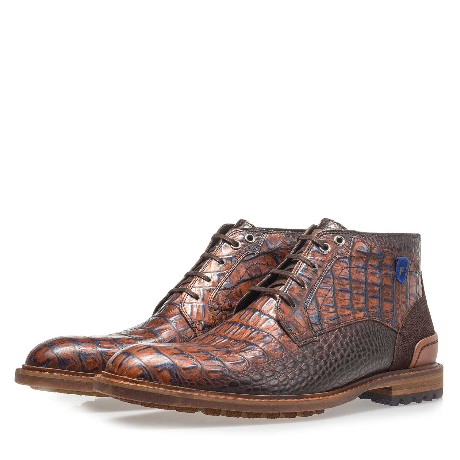 20228/24 - Cognac-coloured leather lace boot with croco print 20228/24 - Cognac-coloured leather lace boot with croco print