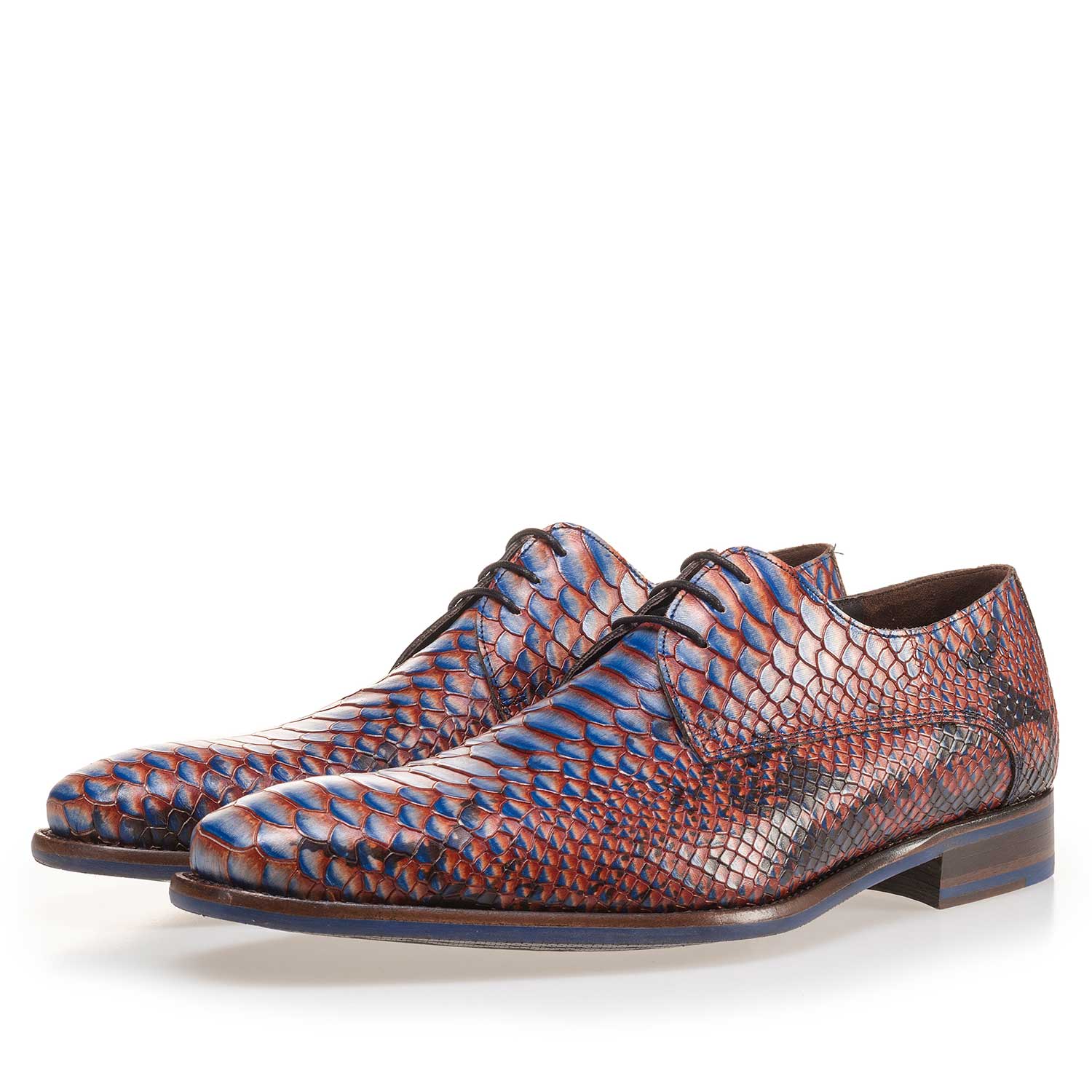 14204/00 - Blauwe leren veterschoen met snakeprint 14204/00 - Blauwe leren veterschoen met snakeprint