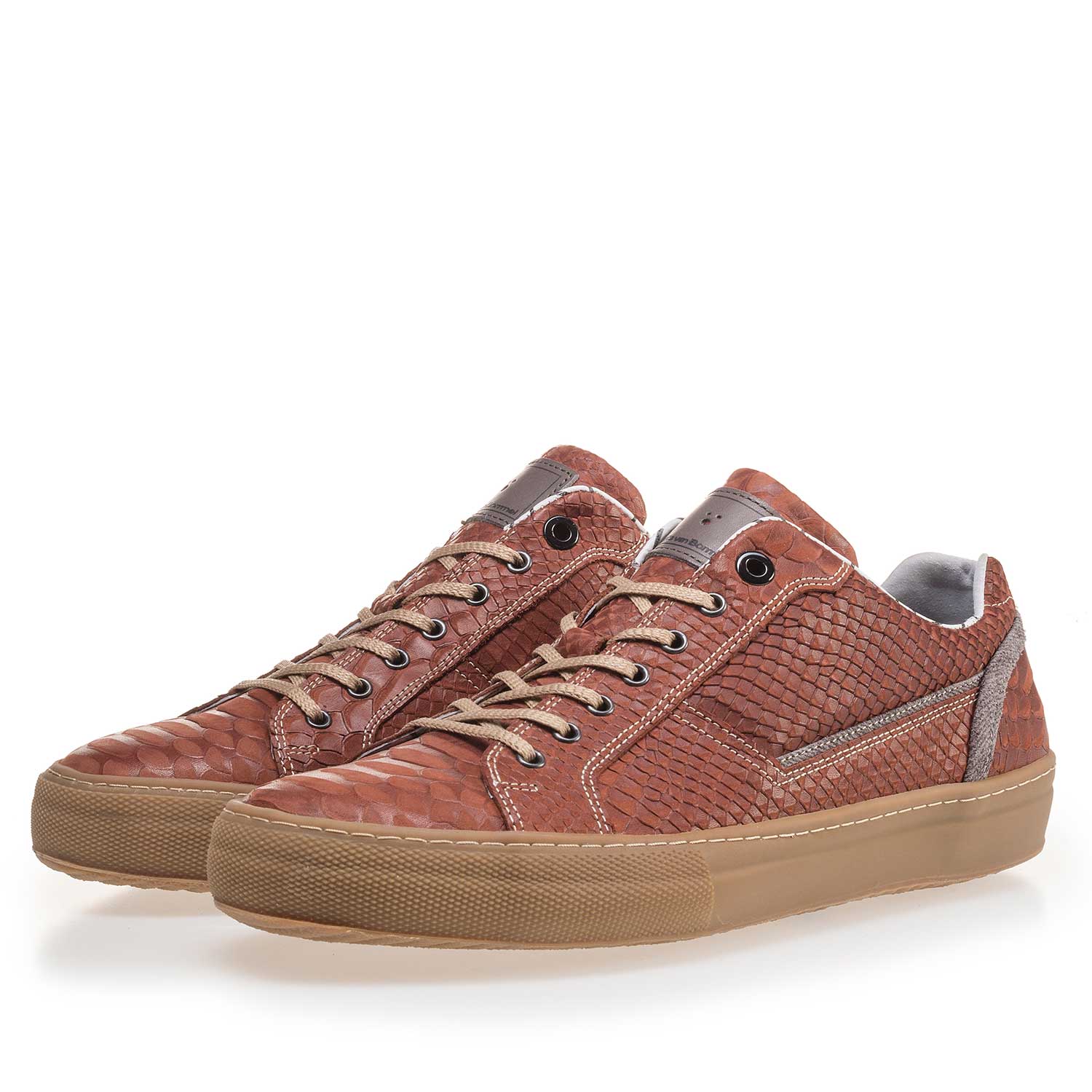 14448/13 - Cognackleurige sneaker van leer met snakeprint 14448/13 - Cognackleurige sneaker van leer met snakeprint